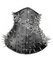 New Women Punk Silver Metallic Long Spiked Studded Unique Black Leather Corset - $299.99