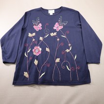 The Quacker Factory Sequin Beaded Floral Butterfly Top Small Blue Longsleeved - £16.45 GBP