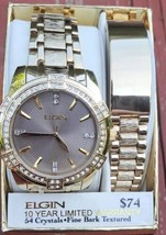 Men&#39;s Watch and Bracelet Set Gold Tone with 54 Crystals Elgin FG10009ST NIB - £51.41 GBP