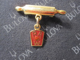 vintage enamel Lapel Pin: gold Rolling Pin w/ dangling R.A.W. - £8.63 GBP