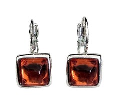Silver Tone Orange Glass Cabachon Dangle Drop Pierced Earrings - £8.67 GBP
