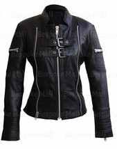New Handmade Woman&#39;s Black Punk Quilted Zippered Real Cowhide Leather Ja... - $158.09+