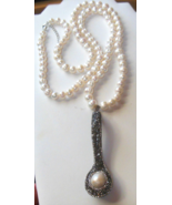 Long Freshwater Ringed Pearl Necklace W/ Marcasite &amp; Rhinestone Pearl Pe... - $450.00