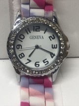 F Geneva Silver Crystals Pink Red Tie Dye Jelly 5573 WR Stainless Japan - $10.62