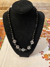 Bohemian Glass Black and Clear Crystal Geometric Deco Style 18&quot; Necklace - £2.45 GBP