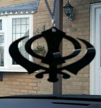 Wide black acrylic khanda punjabi sikh pendant car rear mirror hanging in chain - £11.51 GBP
