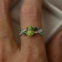 3 CT Oval Green Peridot Simulated Emerald Engagement Ring 14K White Gold Plated - £68.36 GBP
