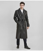 Original lambskin Leather Black Long Trench Coat Robe Handmade Fashion Formal - £110.91 GBP+