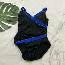 Longitude Womens One Piece Swimsuit Size 14 Black Blue Ruched Cross Front - $32.66
