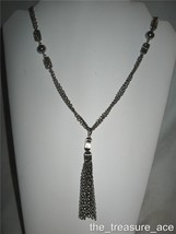 32&quot; Silver Tassel Necklace Double Chain Filigree Metal Barrel Beads~N020 NWOT - $10.88