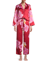 NATORI 2-Piece Ginza Floral Satin Notch Long Sleeves Top and Pants Pajama Set XL - £76.06 GBP