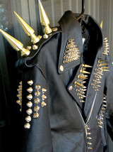 Men Studded Leather JACKET Silver Long Spiked Brando Biker Christmas Party Wear - £263.77 GBP