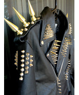 Men Studded Leather JACKET Silver Long Spiked Brando Biker Christmas Party Wear - $329.99