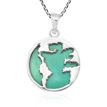 Traveler World Map Mother Earth Green Turquoise Sterling Silver Necklace - £17.65 GBP