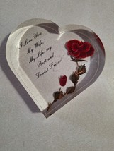 Vtg Bircraft Lucite Acrylic Handmade To My Wife Red Rose Heart Shape Paperweight - £6.16 GBP