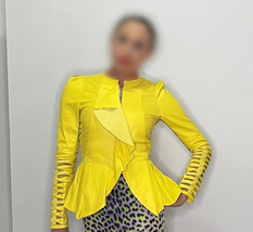 Italian Designer Yellow Leather Peplum Jacket with Ruffles - €491,97 EUR