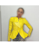 Italian Designer Yellow Leather Peplum Jacket with Ruffles - €491,97 EUR