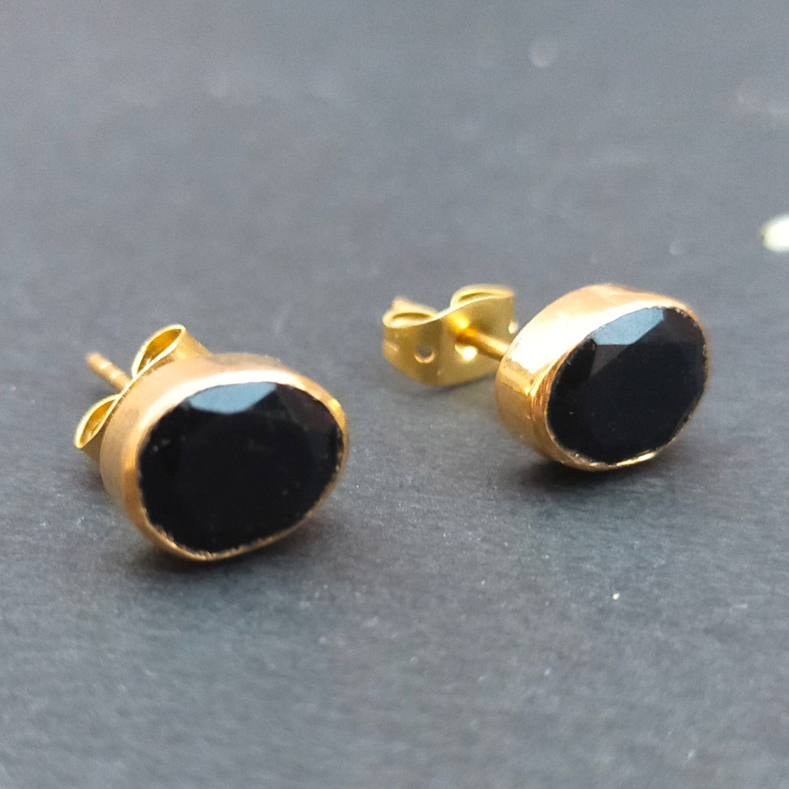 handmade black stone onyx small studs, brass gold plated fashion earrings  - £9.59 GBP