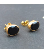 handmade black stone onyx small studs, brass gold plated fashion earrings  - £9.43 GBP