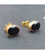 handmade black stone onyx small studs, brass gold plated fashion earrings  - $228.47 MXN