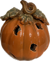 Ceramic Pumpkin with Leaf shaped carvings tealight holder Halloween Fall - $18.95