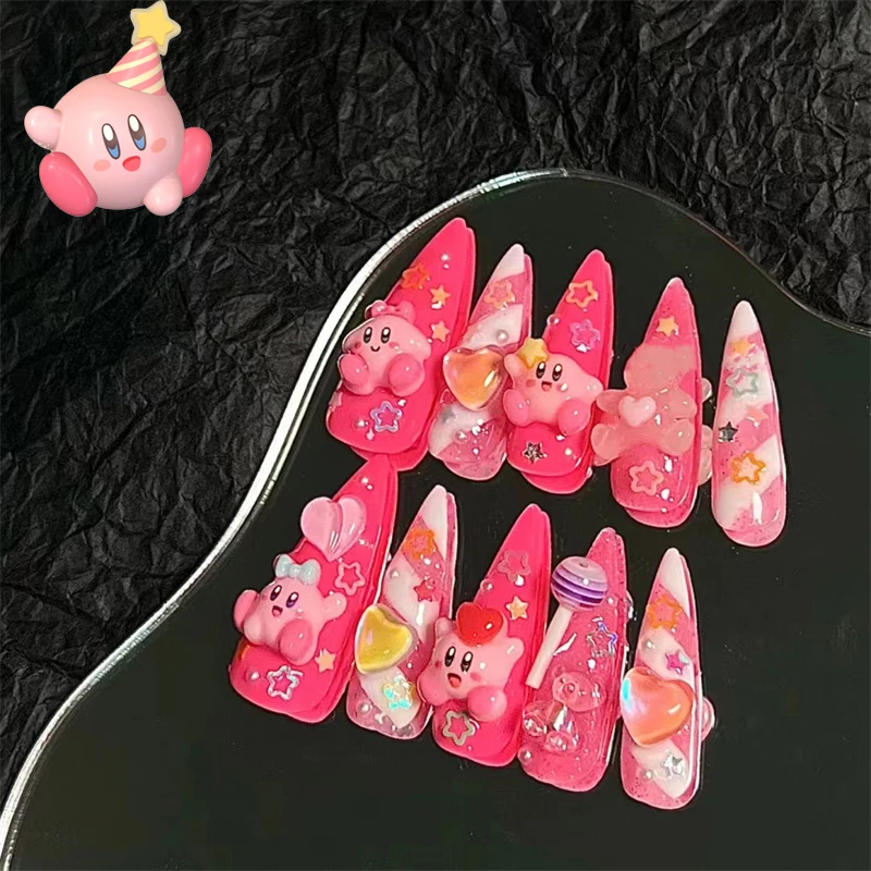 Kirby Kawaii Pink Handwork Customize Y2K Long Nails Press On Reusable Detachable - £10.11 GBP
