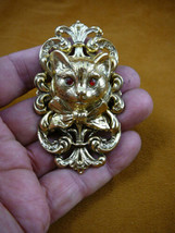 (b-cat-406) large cat head with bow ribbon red eyes filigree brass pin pendant - £18.61 GBP