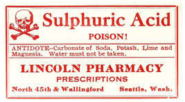Vintage Pharmacy Label SULPHURIC ACID Poison Lincoln Pharmacy Seattle Washington - £18.12 GBP