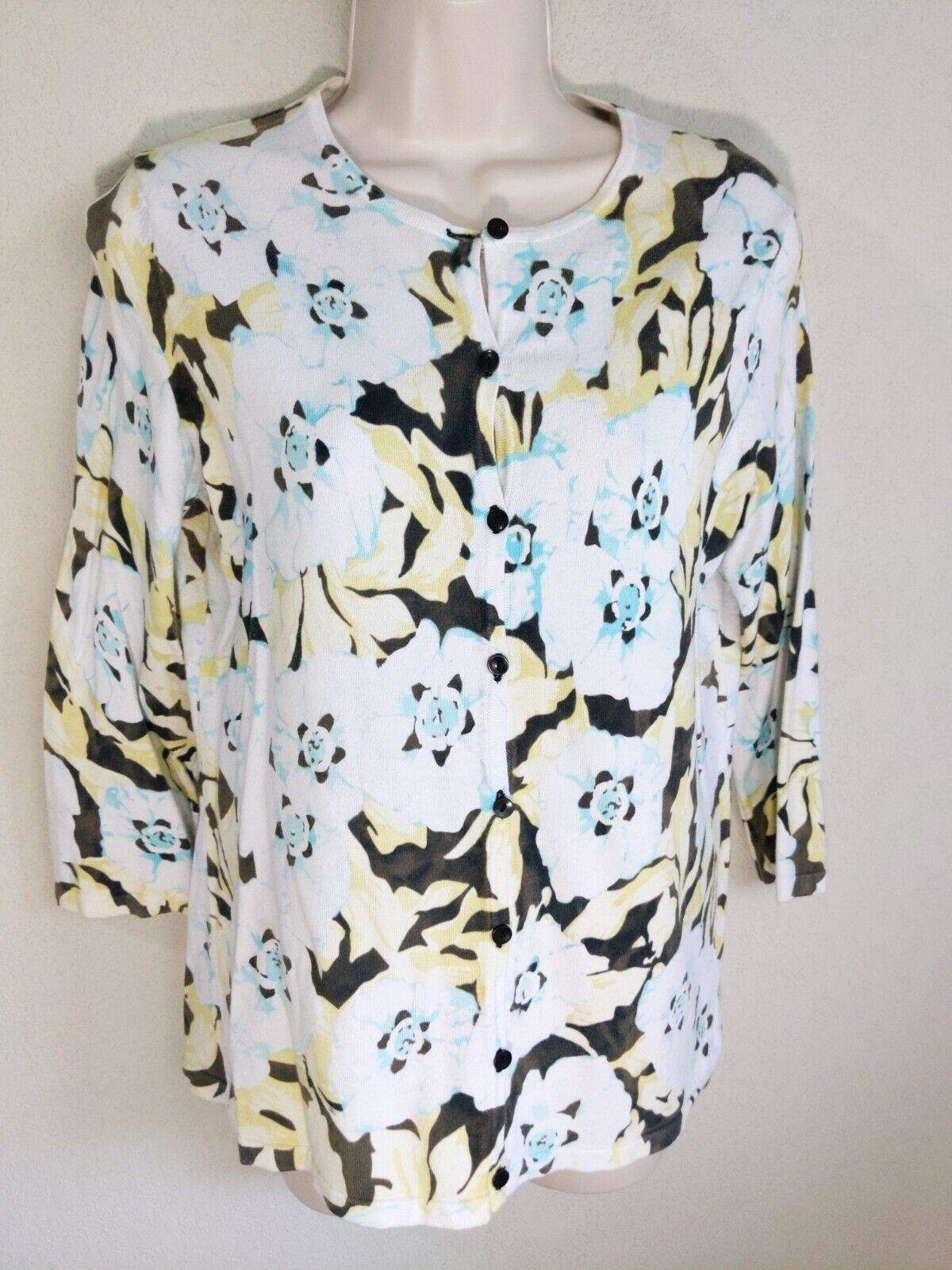 Primary image for Hampshire Studio Yellow Turquoise Floral 3/4 Sleeve Cardigan Sz S Small EUC