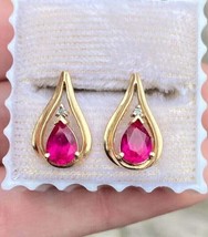 2.10Ct Pear Cut Simulated Ruby Teardrop Stud Earrings 14K Yellow Gold Plated 925 - £126.60 GBP
