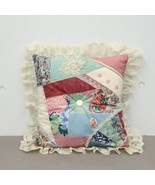 Vintage Crazy Quilt Patchwork Throw Pillow Lace Trim Cottagecore Blue Pi... - £31.50 GBP