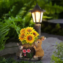 Outdoor Rabbits Flowerpot Garden Statues Sculpture Figurine Decor Solar Powered - £51.21 GBP