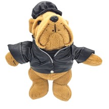 DanDee Biker Shar Pei Puppy Dog 10&quot; Tan Black Vinyl Jacket Cap Plush Stuffed Toy - £13.63 GBP