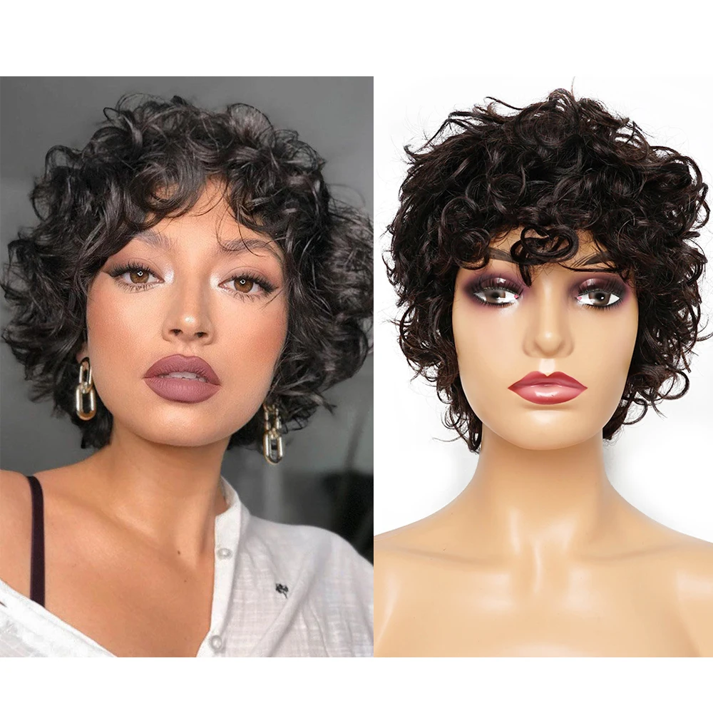 Remy Human Hair Wig with Bang Pixie Cut 4-5 inch Machine Made Wigs Ocean Wave - £23.11 GBP