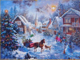 SunsOut Nicky Boehme Merry Christmas 1000 pc Jigsaw Puzzle Sleigh Church Tree - £15.02 GBP