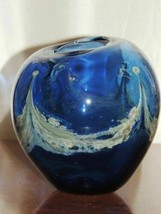 Art Glass Vase 5.5&quot; x 5.5&quot; Blue &amp; Gold Hand Made/Blown - $17.09