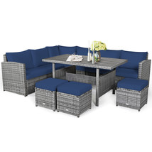 Costway 7 PCS Patio Rattan Dining Set Sectional Sofa Couch Ottoman Navy - £967.21 GBP
