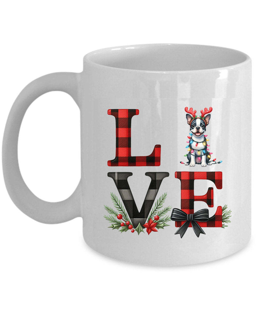 Funny Boston Terrier Dog Coffee Mug Plaid Love Dog Antlers Cup Christmas... - £11.89 GBP+