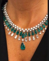 White Gold Plated Bridal Emerald Green Faux Diamond Necklace With Statement Earr - £619.98 GBP