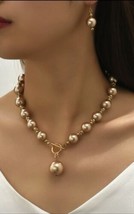 Honey Gold Tan Faux Pearl Necklace Earring Set Rhinestone Modern Style New - £11.75 GBP