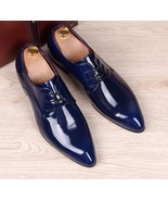 Patent Genuine Leather Shiny Blue Derby Toe Wedding Party Wear Handmade ... - £120.47 GBP