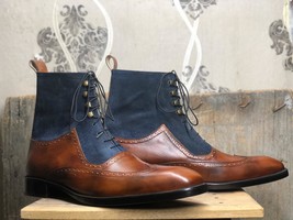Men&#39;s Handmade Brown Blue Wing Tip Leather &amp; Suede Lace Up Ankle High Boots - £125.85 GBP+