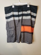 ONeill Board Shorts Size 38 Striped Gray Orange Quick Dry Pocket Surf Swimsuit - £11.33 GBP
