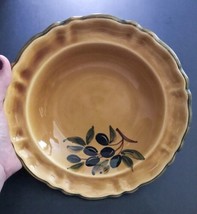 Glazed Mustard Yellow Hand Painted Grapes Glazed Bowl France Scalloped Edge - £7.79 GBP
