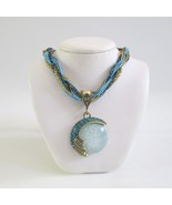 Crackle Glass And Rhinestone Necklace Beaded Braided Cord Blue Gold Colors - $27.70