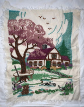 Vintage Crewel Embroidered House Tree Garden Tools 15x18 - £19.53 GBP