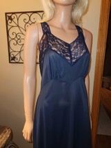 Vintage 1940s Dark Blue Full Slip Nightgown Lace Straps/hem M/L 36/38 - £37.89 GBP