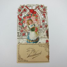 Vintage Valentine 3D Pop Up Die Cut Blonde Girl Blue White Dress Red Flowers - £11.93 GBP