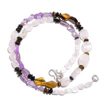 Natural Moonstone Amethyst Tiger Eye Gemstone Smooth Beads Necklace 17&quot; UB-5319 - £7.80 GBP