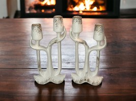 Wales Japan Vintage MCM White Gold Ceramic Double Candlestick Holder Pair - £54.81 GBP